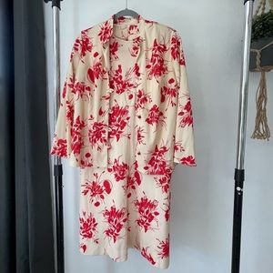 Vintage short sleeve cream and red floral dress with matching jacket